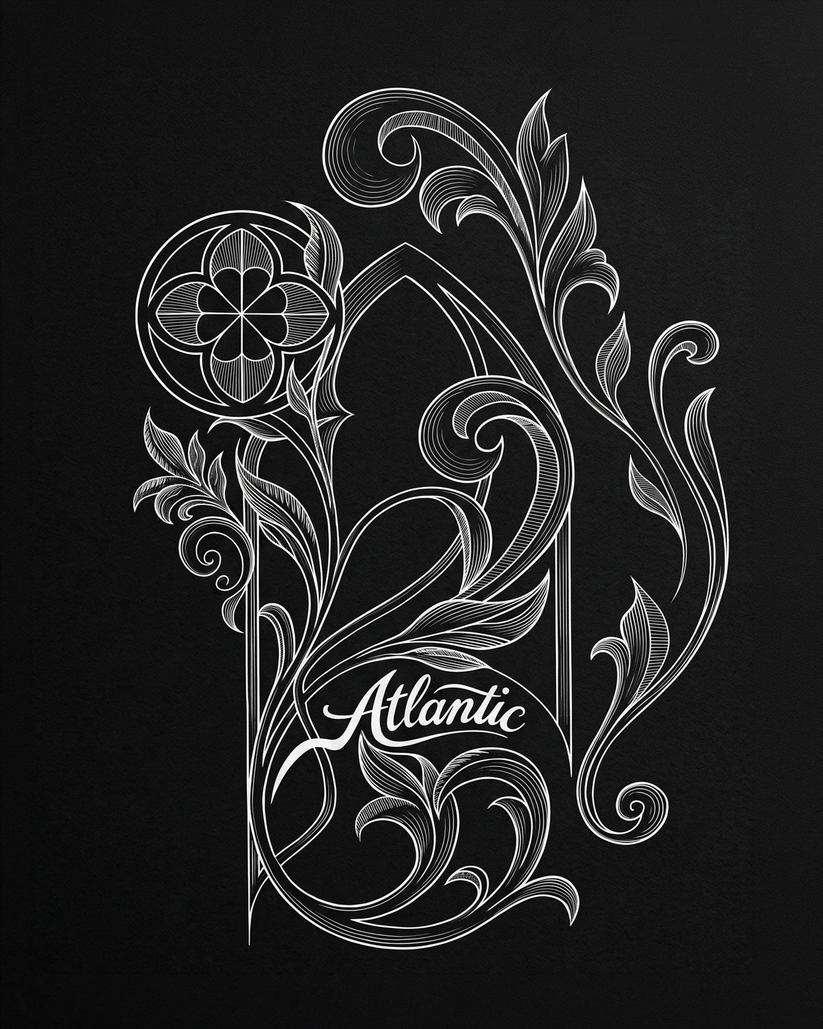 The Baron engraving artwork: white scrollwork surrounding a pointed Gothic arch and a four-lobed window motif, with Atlantic lettering on black