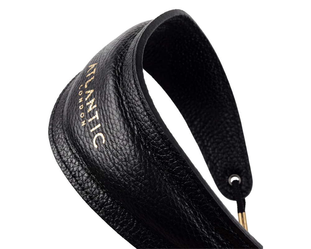 Supple black Belgravia leather neckband with fine stitching and Atlantic London branding